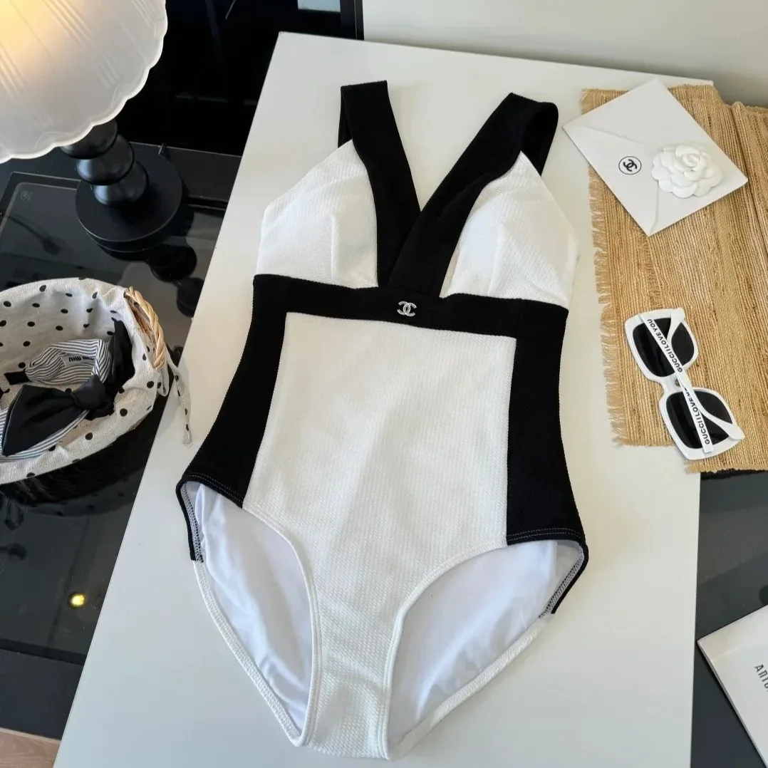 Chanel Color-Block Textured One in Piece Swimsuit Black/ White