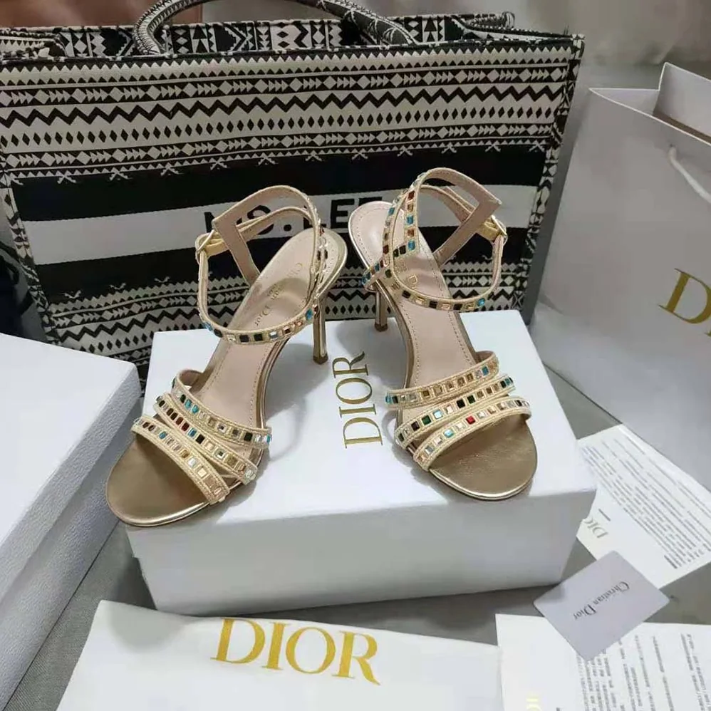 Dior Gem Heeled Sandal Gold for Women in Tone Cotton Embroidered Dior Gem Heeled Sandal Gold for Women in Tone Cotton Embroidered