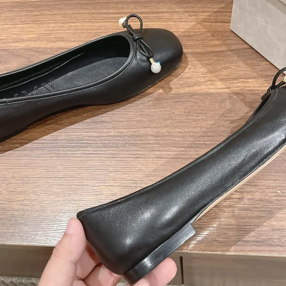 Jimmy Choo Elme Flat Black Nappa Leather Flats with Pearl Embellishment for Women Jimmy Choo Elme Flat Black Nappa Leather Flats with Pearl Embellishment for Women
