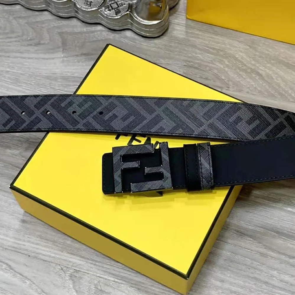 Fendi Gray Leather Belt with FF Buckle with Stud Closure for Men