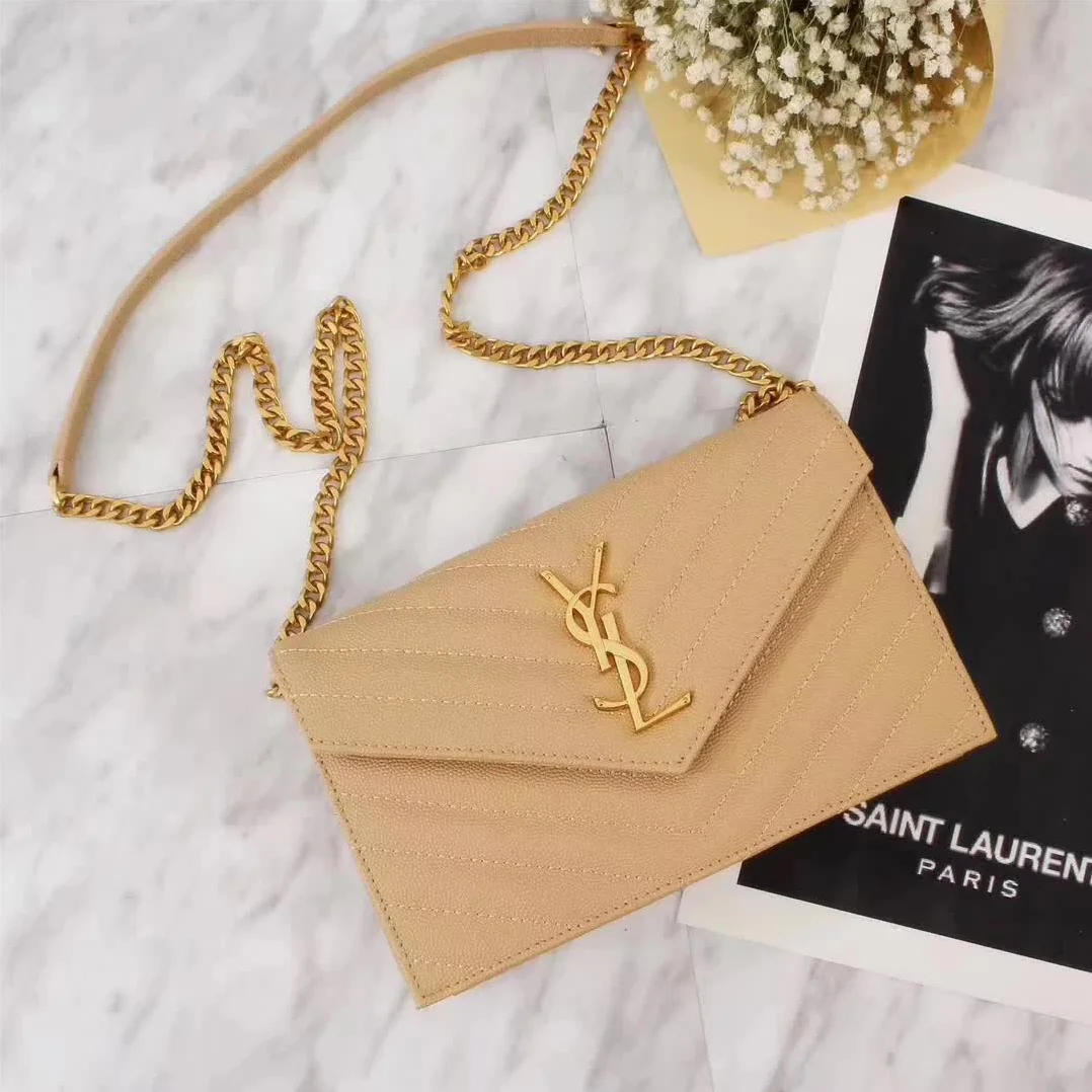 Saint Laurent YSL Medium Monogram Envelope Chain Wallet Gold Hardware in Sandy Saint Laurent YSL Medium Monogram Envelope Chain Wallet Gold Hardware in Sandy