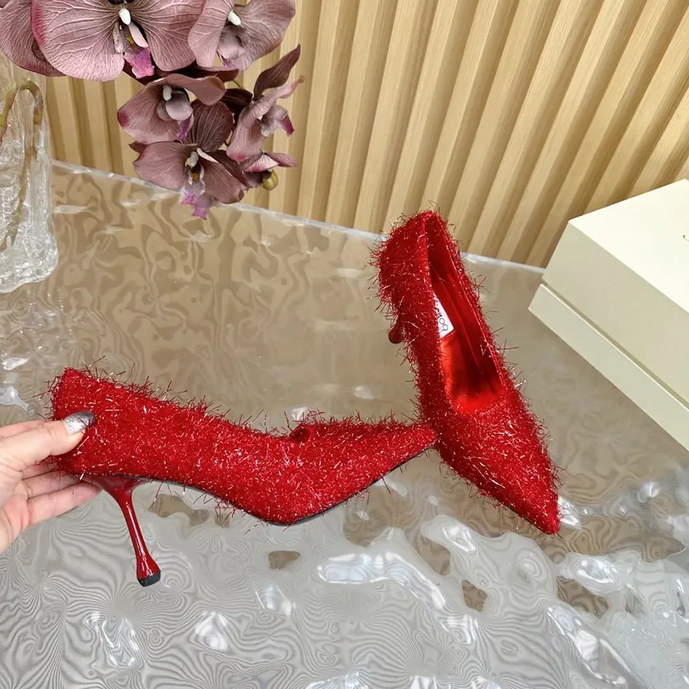 Jimmy Choo Ixia 95 Ruby Red Tinsel Pumps for Women Jimmy Choo Ixia 95 Ruby Red Tinsel Pumps for Women