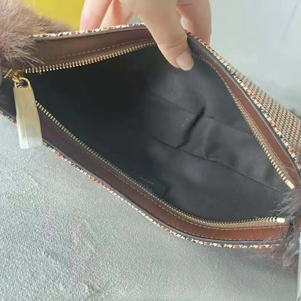 Fendi O'Lock Swing Brown Houndstooth Wool and Fox Fur Pouch for Women Fendi O'Lock Swing Brown Houndstooth Wool and Fox Fur Pouch for Women