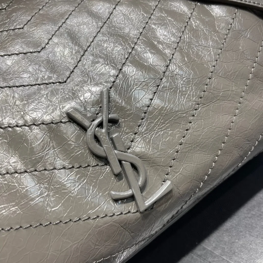 Saint Laurent Niki Shopping Medium Tote Bag in Green Khaki Silver Hardware