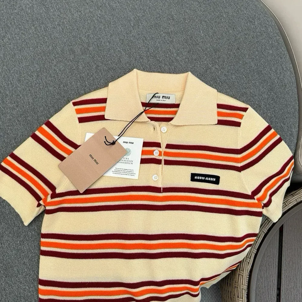 Miu Miu Cotton Striped Knit Polo Shirt for Women Miu Miu Cotton Striped Knit Polo Shirt for Women