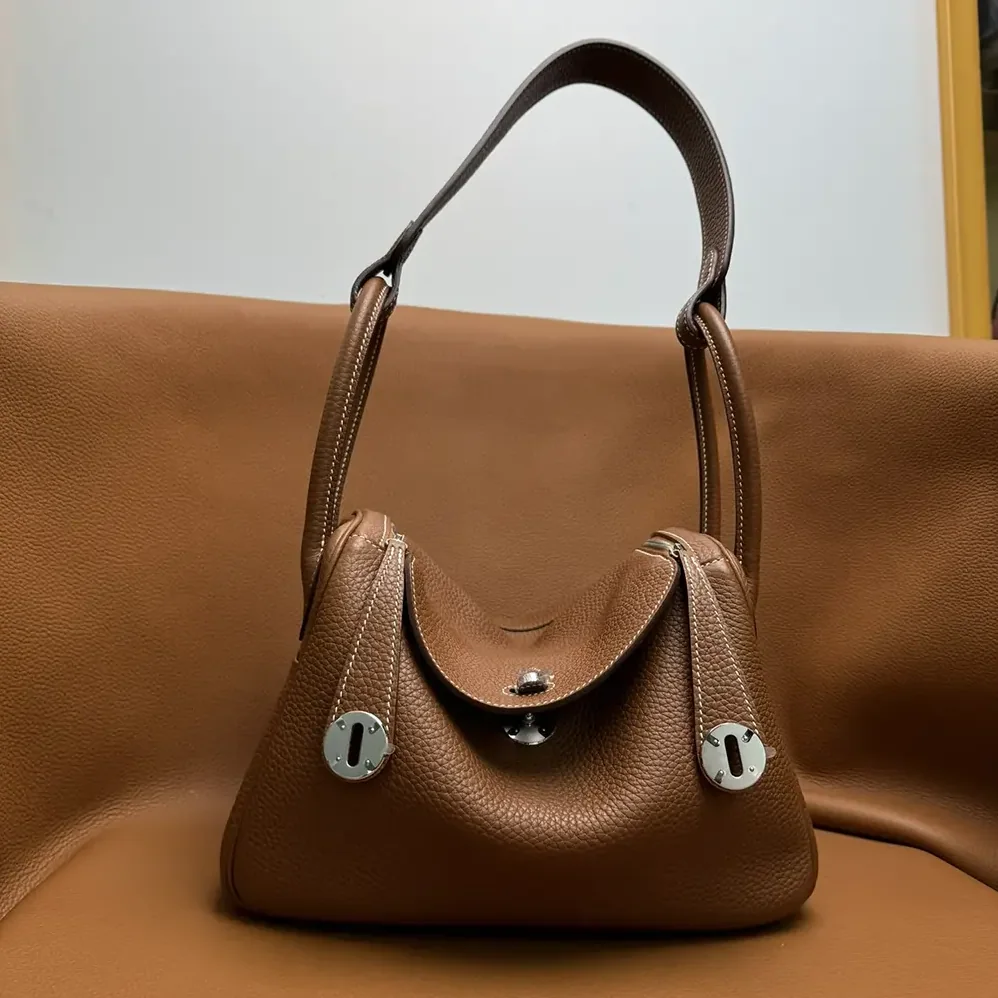 Hermes Lindy 30 in Clemence Leather for Women in Brown/Silver Hermes Lindy 30 in Clemence Leather for Women in Brown/Silver