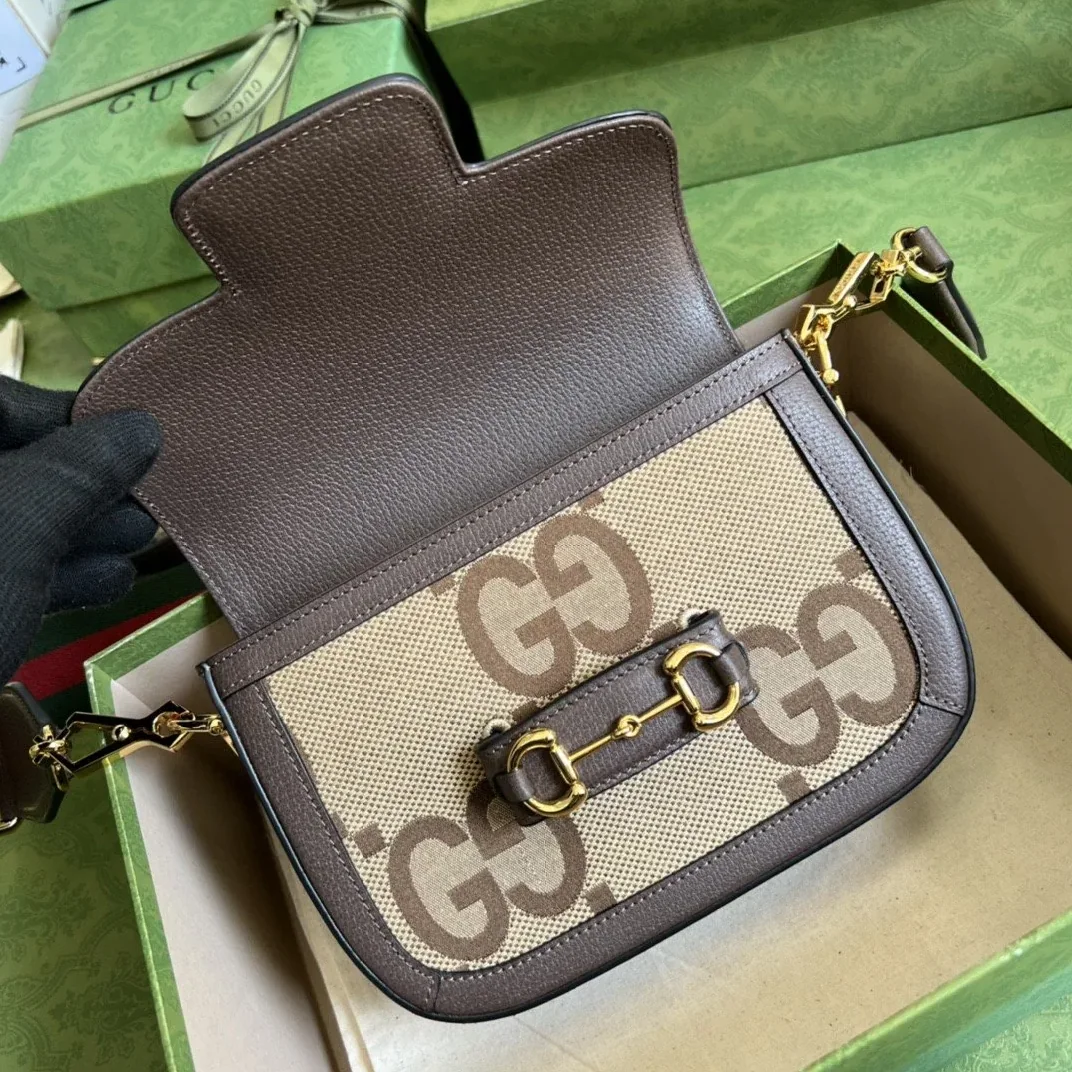 Gucci Horsebit 1955 Jumbo Mini Bag Camel And Ebony Jumbo GG Canvas /