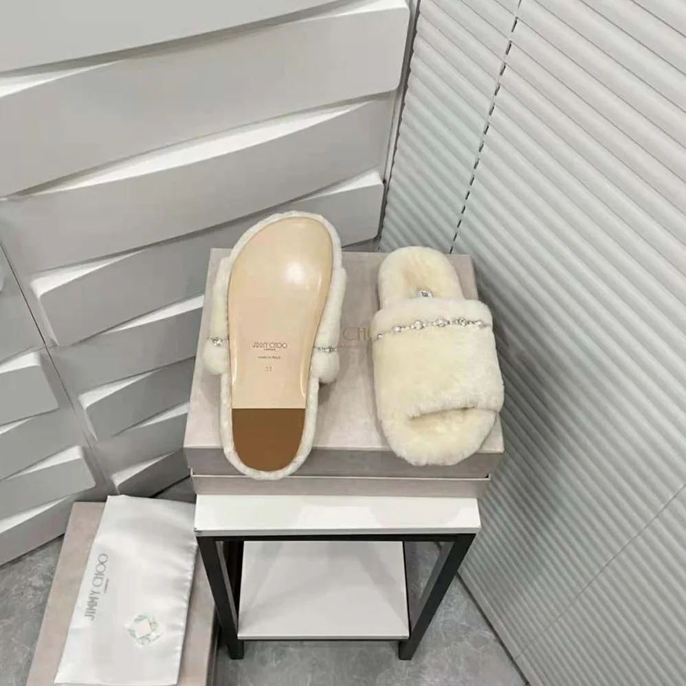 Jimmy Choo Acinda Slipper Natural Shearling Slippers with Crystal and Pearl Detailing for Women