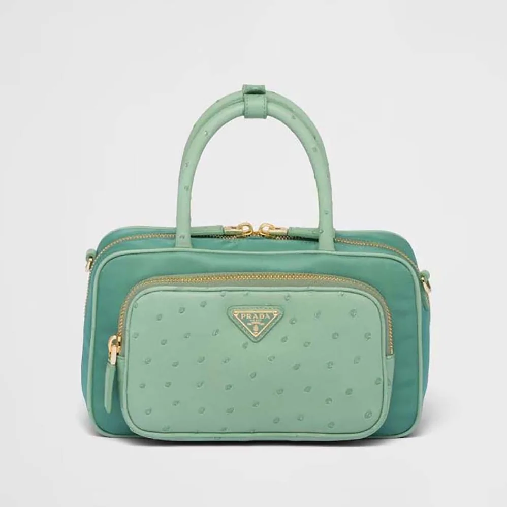 Prada Re-Nylon and Ostrich Leather Two-handle Bag for Women in Green Prada Re-Nylon and Ostrich Leather Two-handle Bag for Women in Green