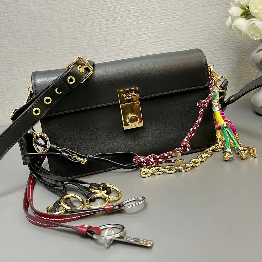 Prada Soft Sound Small Leather Shoulder Bag with Charms for Women in Black