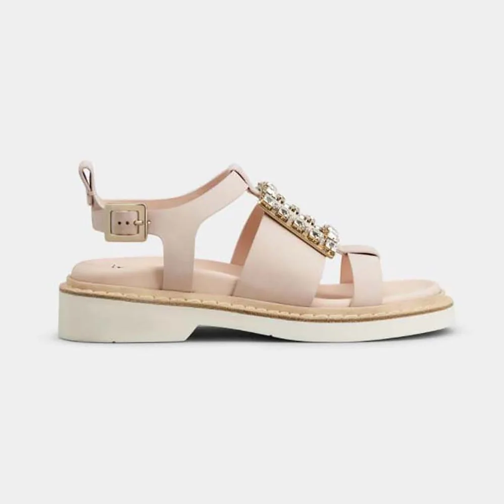 Roger Vivier Viv Rangers Strass Buckle Sandals in Nabuk for Women in Pink Roger Vivier Viv Rangers Strass Buckle Sandals in Nabuk for Women in Pink