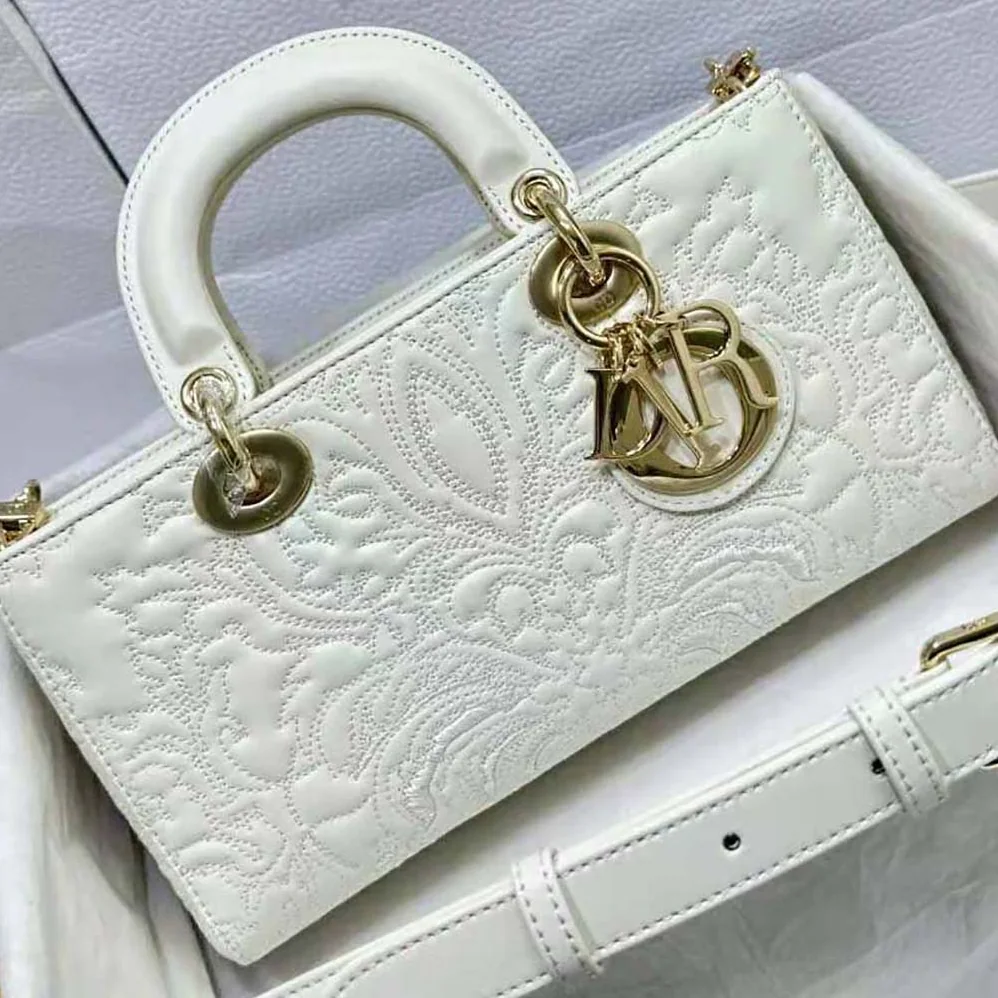 Dior Medium Lady D-joy Bag Latte Quilted-Effect Lambskin with Ornamental Motif for Women