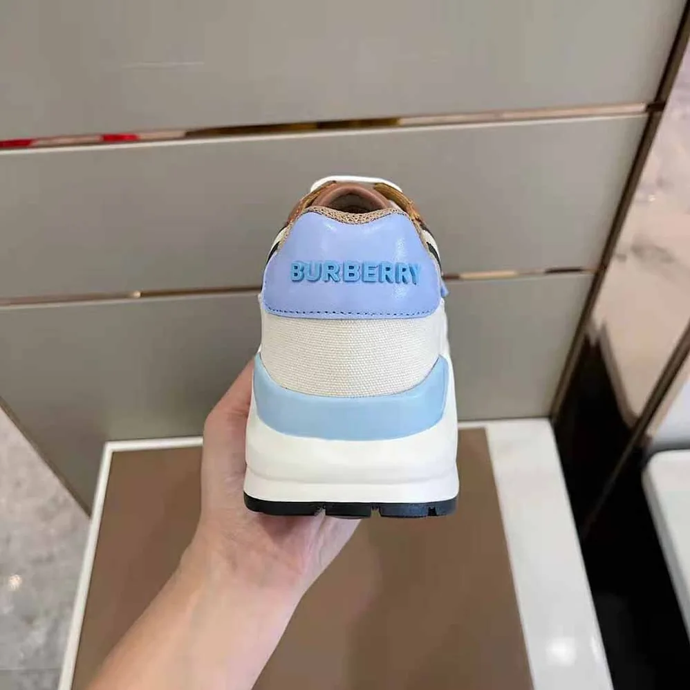 Burberry Check Cotton Canvas and Leather Sneakers for Women in Blue Burberry Check Cotton Canvas and Leather Sneakers for Women in Blue