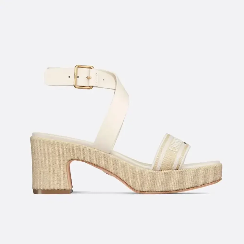 Dior Dioriviera Dway Heeled Sandal Natural Raffia White Calfskin and Embroidered Cotton for Women Dior Dioriviera Dway Heeled Sandal Natural Raffia White Calfskin and Embroidered Cotton for Women