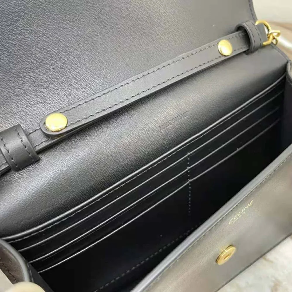 Celine Maillon Triomphe Wallet on Chain in Shiny Calfskin for Women in Black