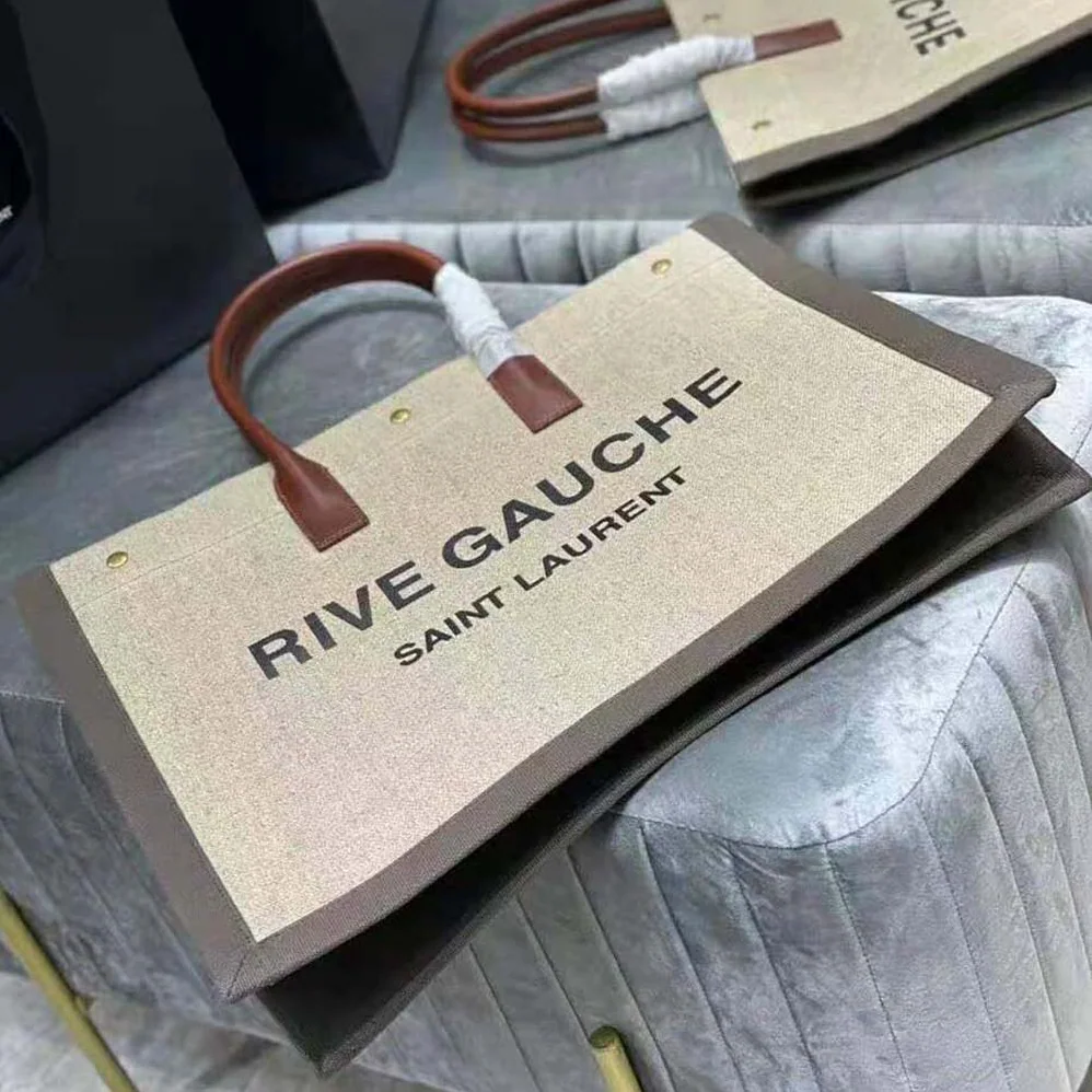 Saint Laurent YSL Rive Gauche Tote Bag in Printed Linen and Leather for Women Saint Laurent YSL Rive Gauche Tote Bag in Printed Linen and Leather for Women
