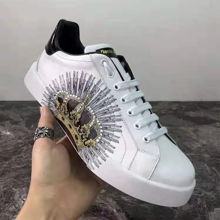 Dolce Gabbana D&G Printed Calfskin Portofino Sneakers for Men in White Dolce Gabbana D&G Printed Calfskin Portofino Sneakers for Men in White