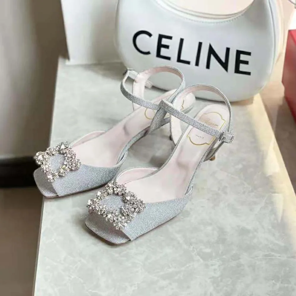 Roger Vivier Flower Strass Buckle Sandals in Satin for Women in Silver Roger Vivier Flower Strass Buckle Sandals in Satin for Women in Silver