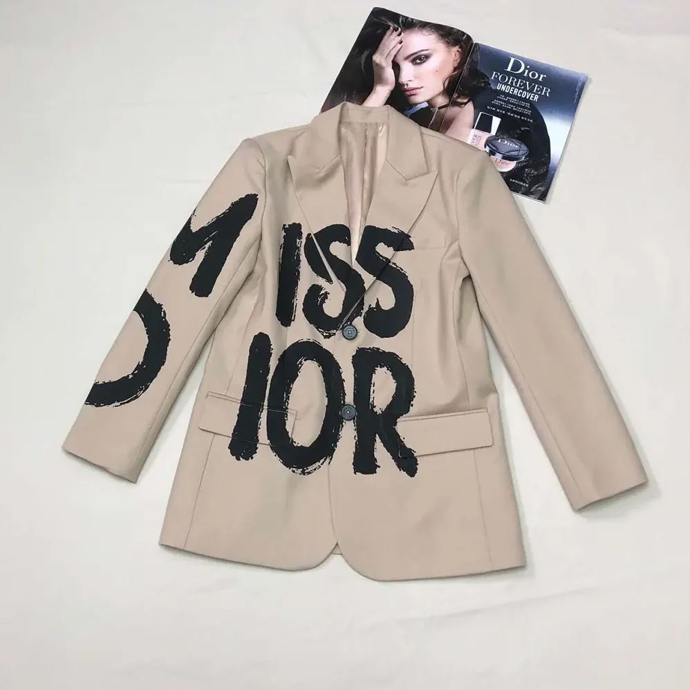 Dior Blazer Beige Virgin Wool and Mohair with Black Miss Dior Graffiti Motif for Women Dior Blazer Beige Virgin Wool and Mohair with Black Miss Dior Graffiti Motif for Women