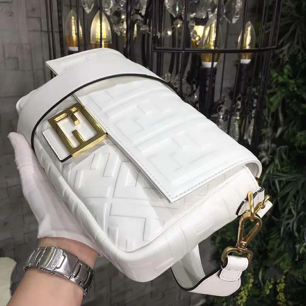 Fendi Iconic Baguette Leather Bag in Medium Size for Women in White
