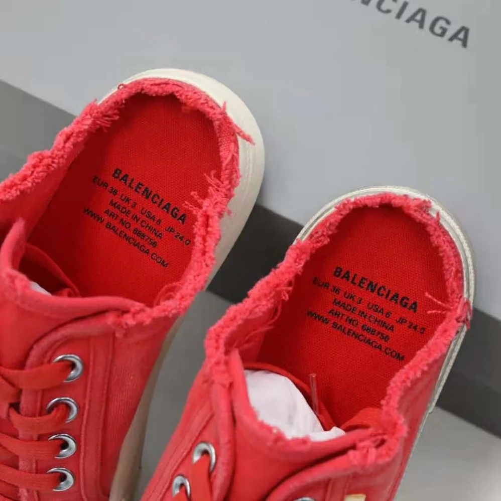 Balenciaga Paris Sneaker Mule in Red Destroyed Cotton and White Rubber for Unisex Balenciaga Paris Sneaker Mule in Red Destroyed Cotton and White Rubber for Unisex