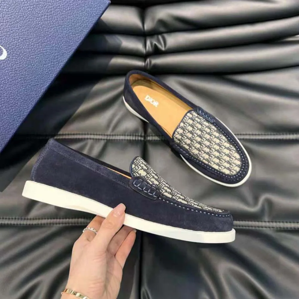 Dior Granville Loafer Navy Blue Suede with Beige and Black Dior Oblique Jacquard for Men