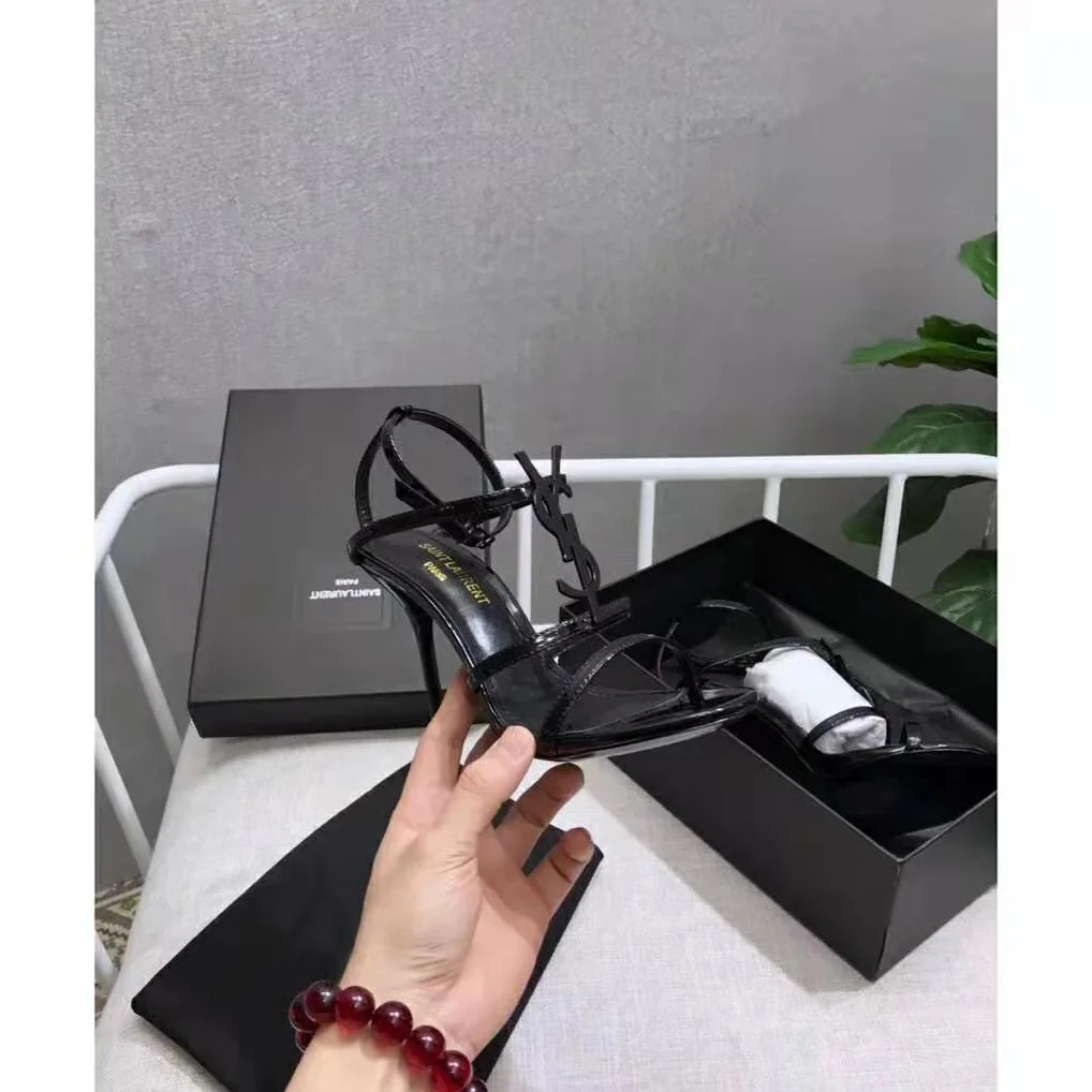Saint Laurent YSL Cassandra Sandal Black Logo Patent 10.5cm for Women