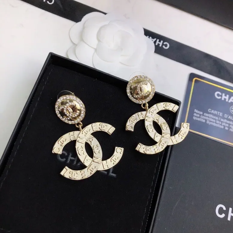 Chanel Engraved Pattern Douple C Earrings Gold Tone Chanel Engraved Pattern Douple C Earrings Gold Tone