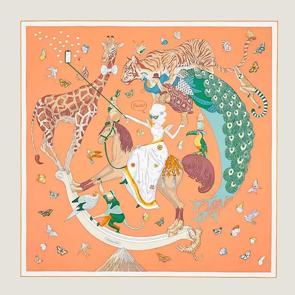 Hermes Hermes Story Scarf 90 in Silk Twill with Hand-Rolled Edges for Women in Orange