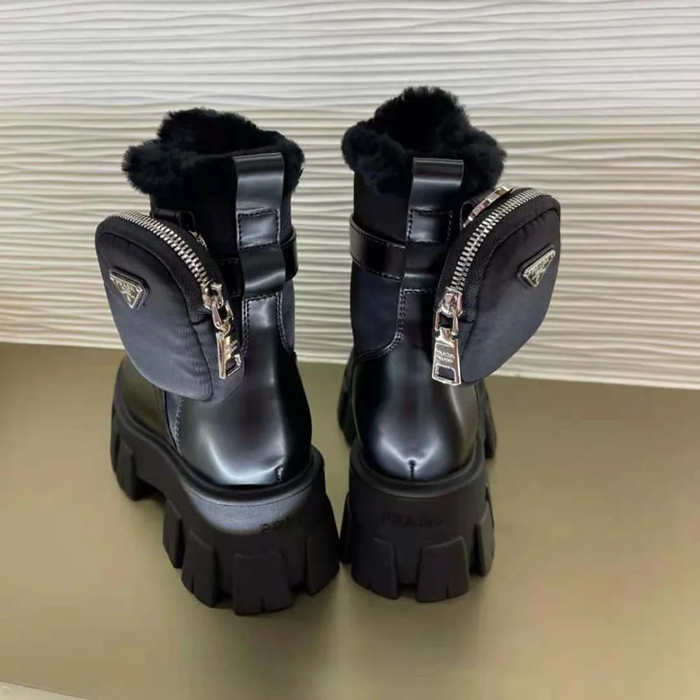 Prada Monolith Leather and Nylon Biker Boots for Women in Black