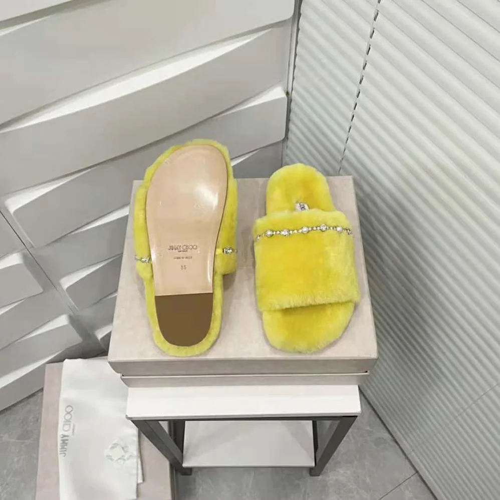 Jimmy Choo Acinda Slipper Lime Shearling Slippers with Crystal and Pearl Detailing for Women Jimmy Choo Acinda Slipper Lime Shearling Slippers with Crystal and Pearl Detailing for Women
