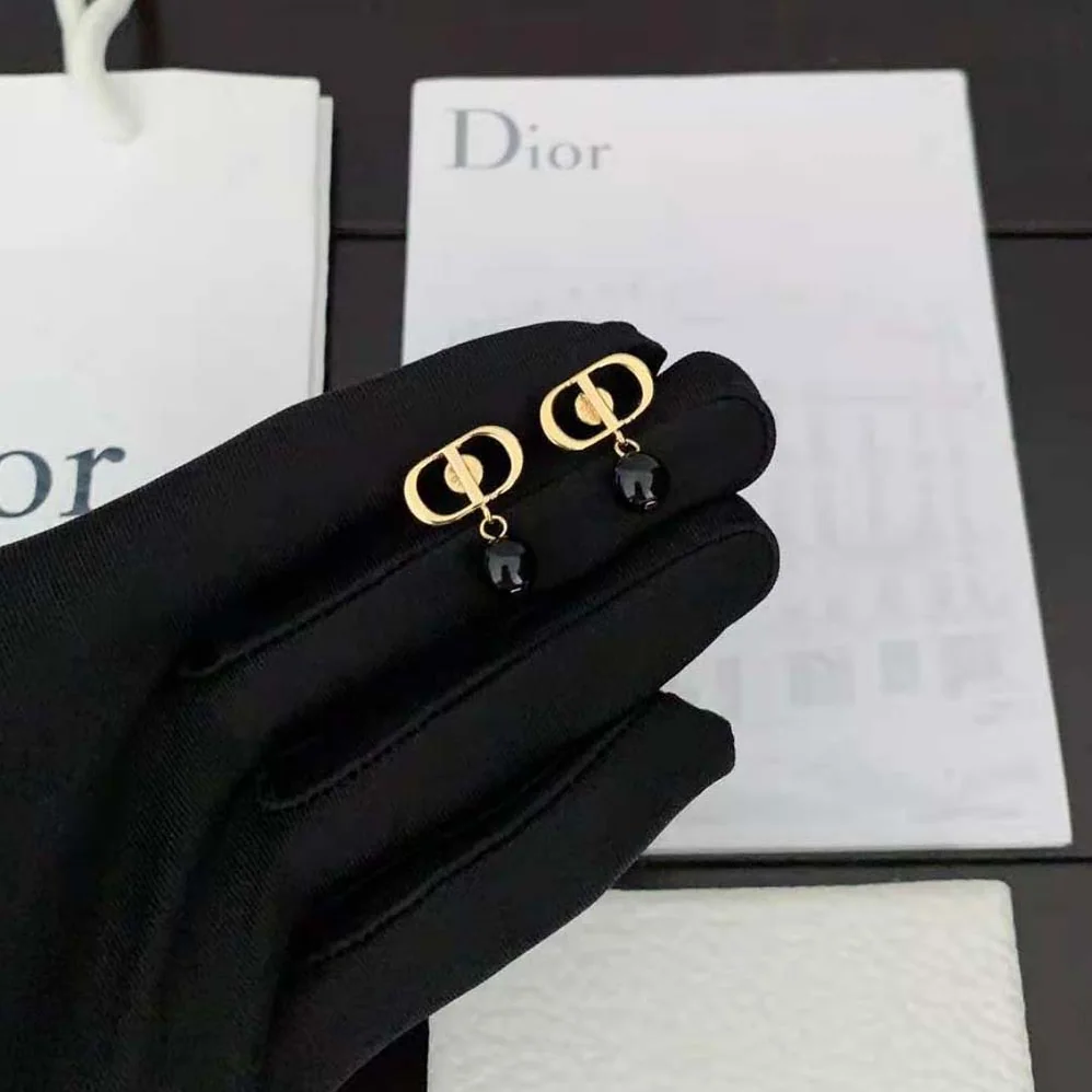 Dior Petit CD Earrings Gold-Finish Metal and Black Resin Pearls for Women Dior Petit CD Earrings Gold-Finish Metal and Black Resin Pearls for Women