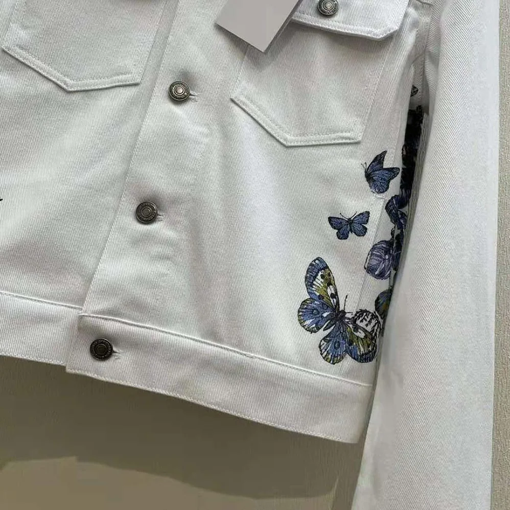 Dior Jacket Ecru Cotton Denim with Multicolor Butterfly Around the World Motif for Women Dior Jacket Ecru Cotton Denim with Multicolor Butterfly Around the World Motif for Women