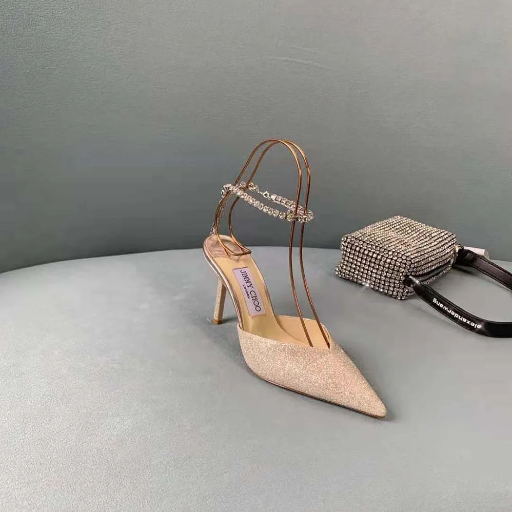 Jimmy Choo Saeda 100 Platinum Ice Dusty Glitter Pumps with Crystal Embellishment for Women Jimmy Choo Saeda 100 Platinum Ice Dusty Glitter Pumps with Crystal Embellishment for Women