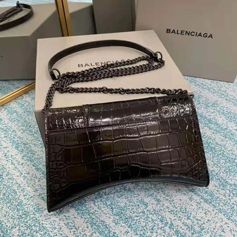 Balenciaga Hourglass Chain Bag in Black Shiny Crocodile Embossed Leather for Women Balenciaga Hourglass Chain Bag in Black Shiny Crocodile Embossed Leather for Women
