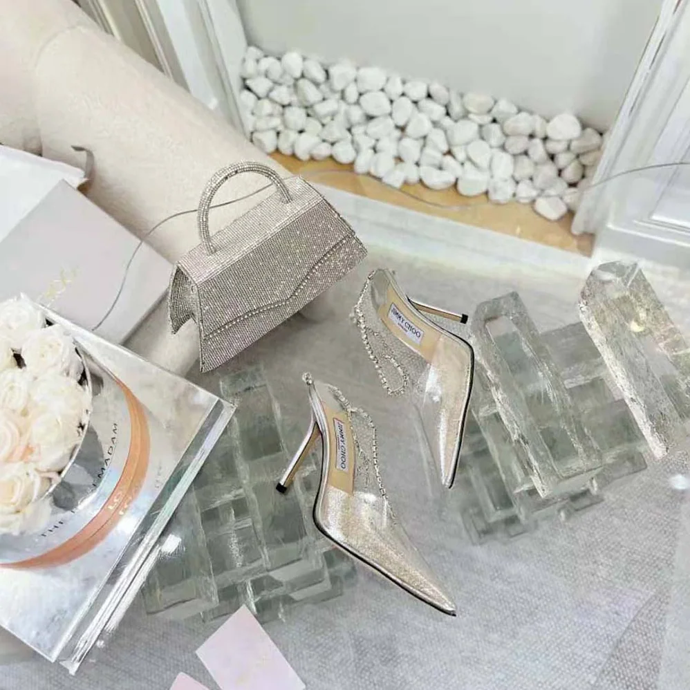 Jimmy Choo Saeda 100 Silver Glitter Plexi Pumps with Crystal Embellishment for Women