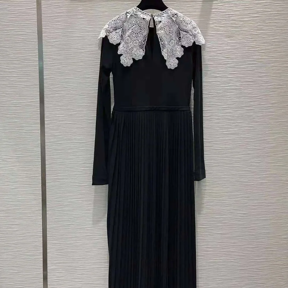 Dior Mid-Length Pleated Dress Black Technical Jersey and White Lace for Women Dior Mid-Length Pleated Dress Black Technical Jersey and White Lace for Women