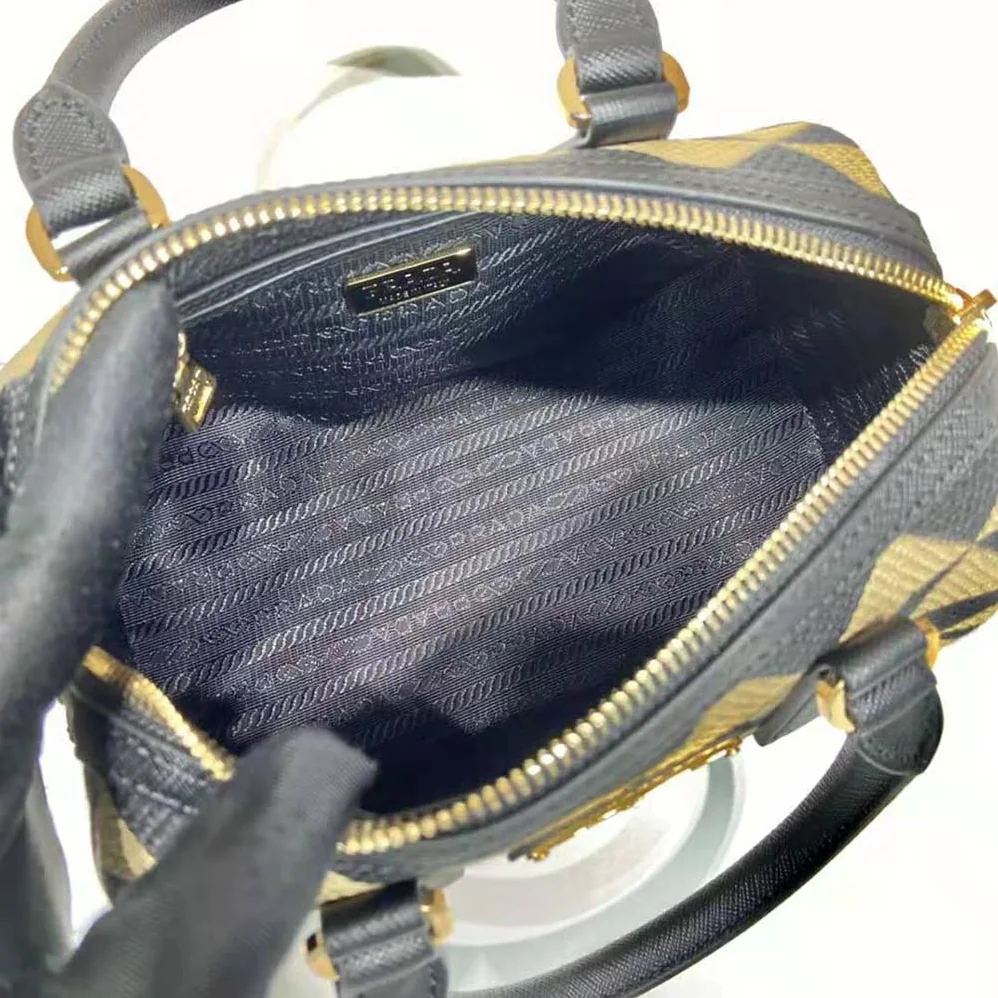 Prada Symbole Embroidered Jacquard Fabric Top-Handle Bag for Women in Black