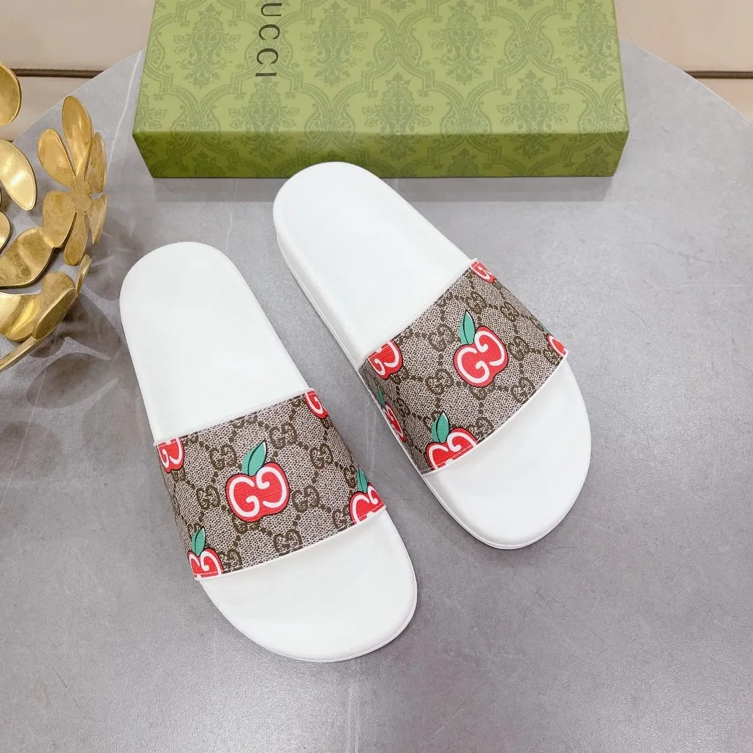 Gucci GG Slide Sandal With GG Apple White And Brown for Women Gucci GG Slide Sandal With GG Apple White And Brown for Women
