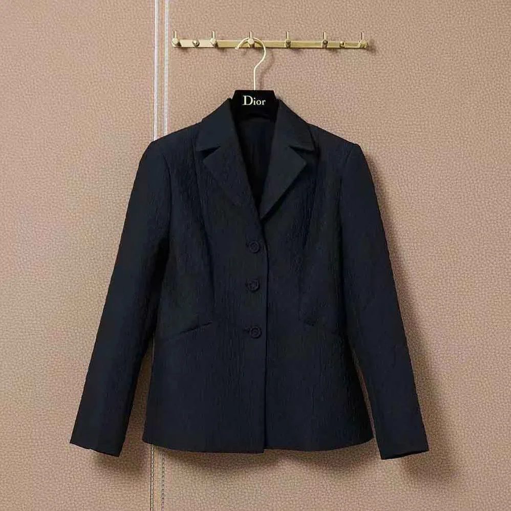 Dior Cloque-Effect Bar Jacket Black Matte Single for Women in Breasted Technical Fabric Dior Cloque-Effect Bar Jacket Black Matte Single for Women in Breasted Technical Fabric