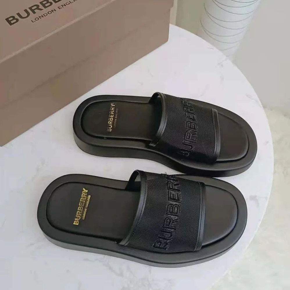 Burberry Embroidered Logo Mesh and Leather Slides for Women Burberry Embroidered Logo Mesh and Leather Slides for Women