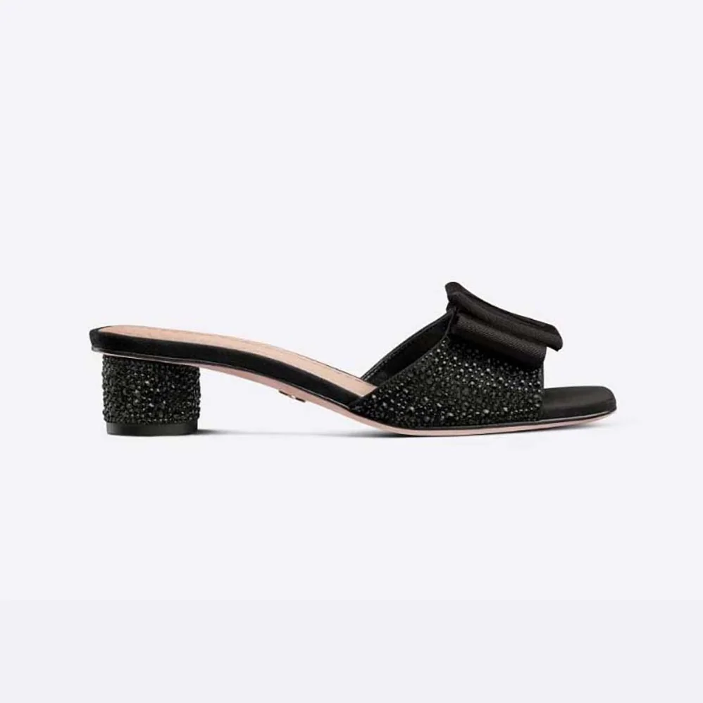 Dior Idylle Heeled Slide Black Suede Covered with Strass and Grosgrain for Women Dior Idylle Heeled Slide Black Suede Covered with Strass and Grosgrain for Women