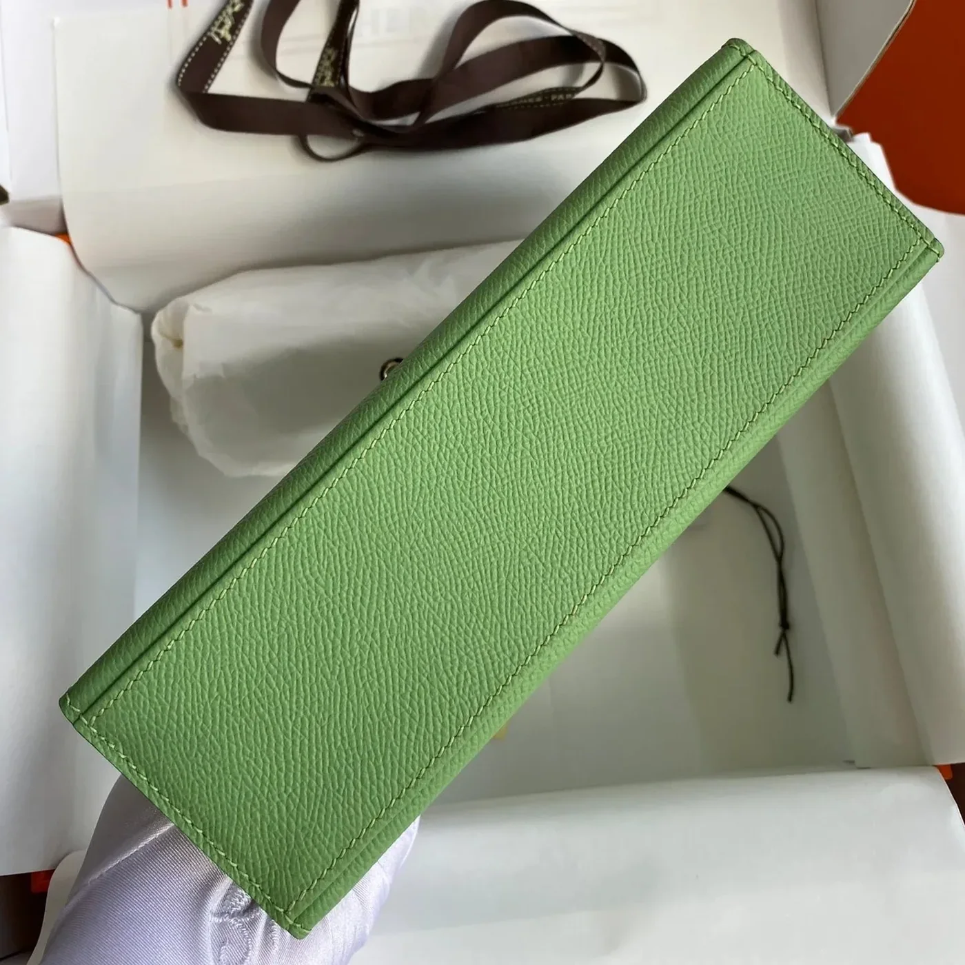 Hermes Kelly Pochette Top Handle Bag in Green Epsom Palladium Hardware