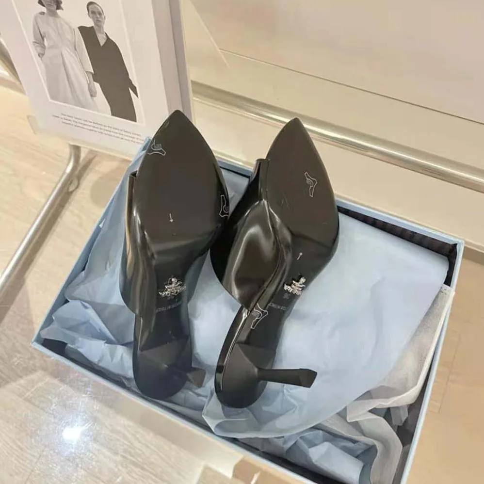Prada Brushed Leather High-Heel Slides in 75mm Heel Height for Women