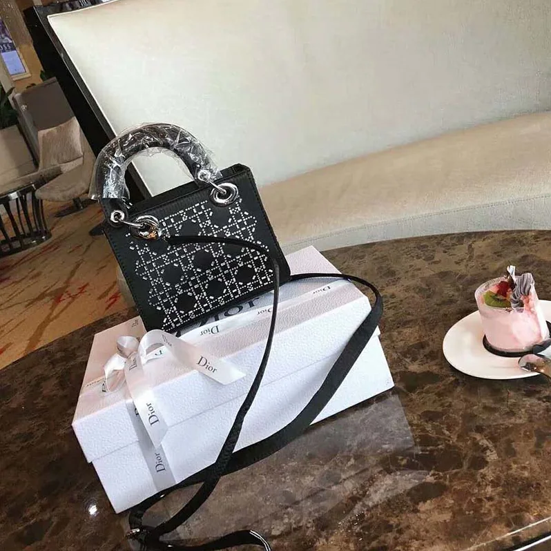 Dior Mini Lady Dior Bag in Black Cannage Satin with Rhinestones Dior Mini Lady Dior Bag in Black Cannage Satin with Rhinestones