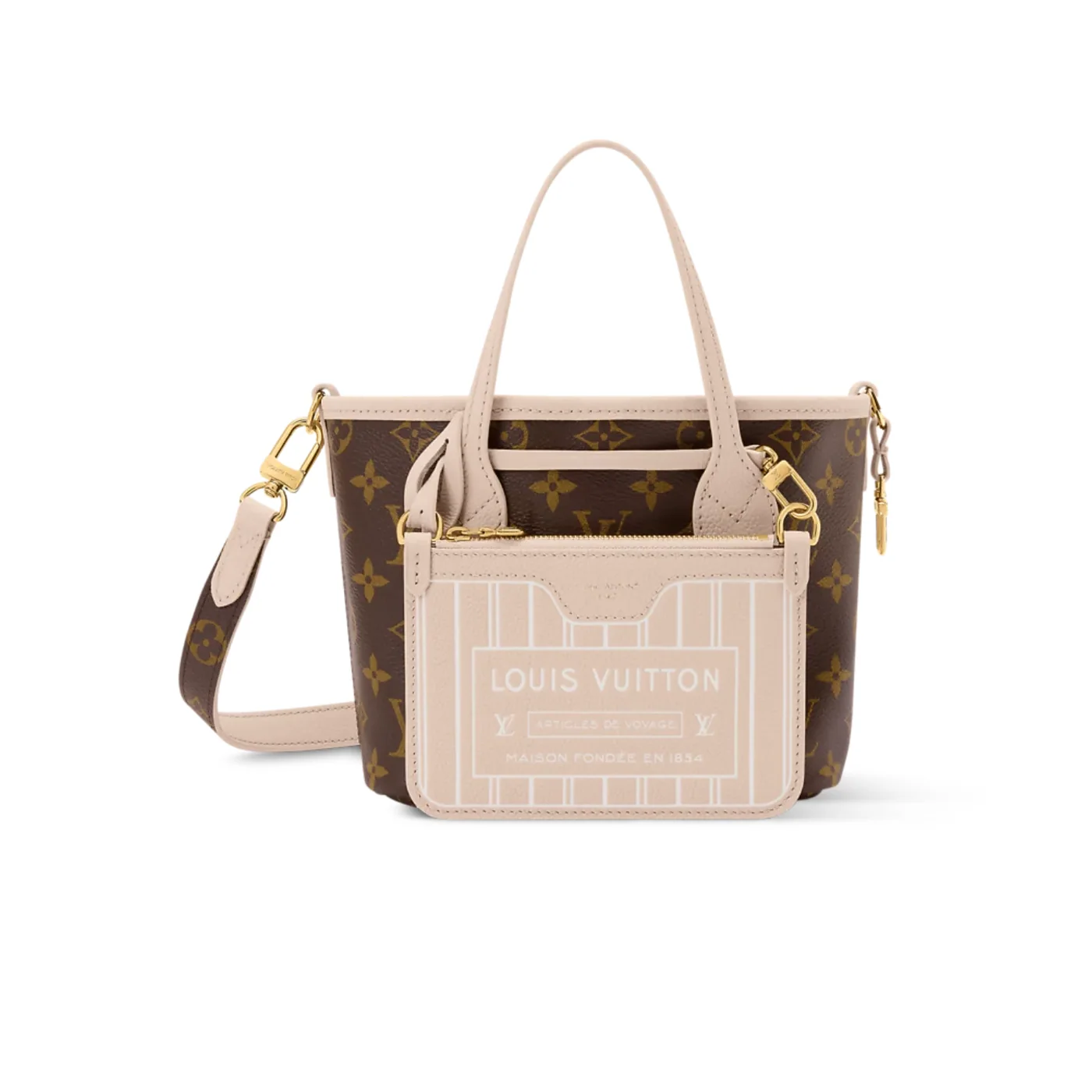 Louis Vuitton Neverfull Bandouliere Inside Out BB Tote Bag in Limestone Gold Hardware
