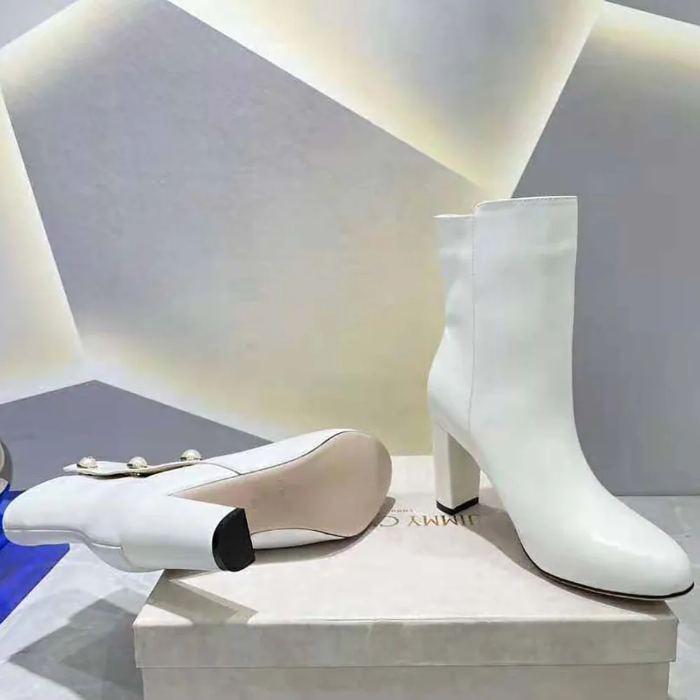 Jimmy Choo Rina 85 Latte Nappa Leather Mid for Women in Calf Boots with Pearls Jimmy Choo Rina 85 Latte Nappa Leather Mid for Women in Calf Boots with Pearls