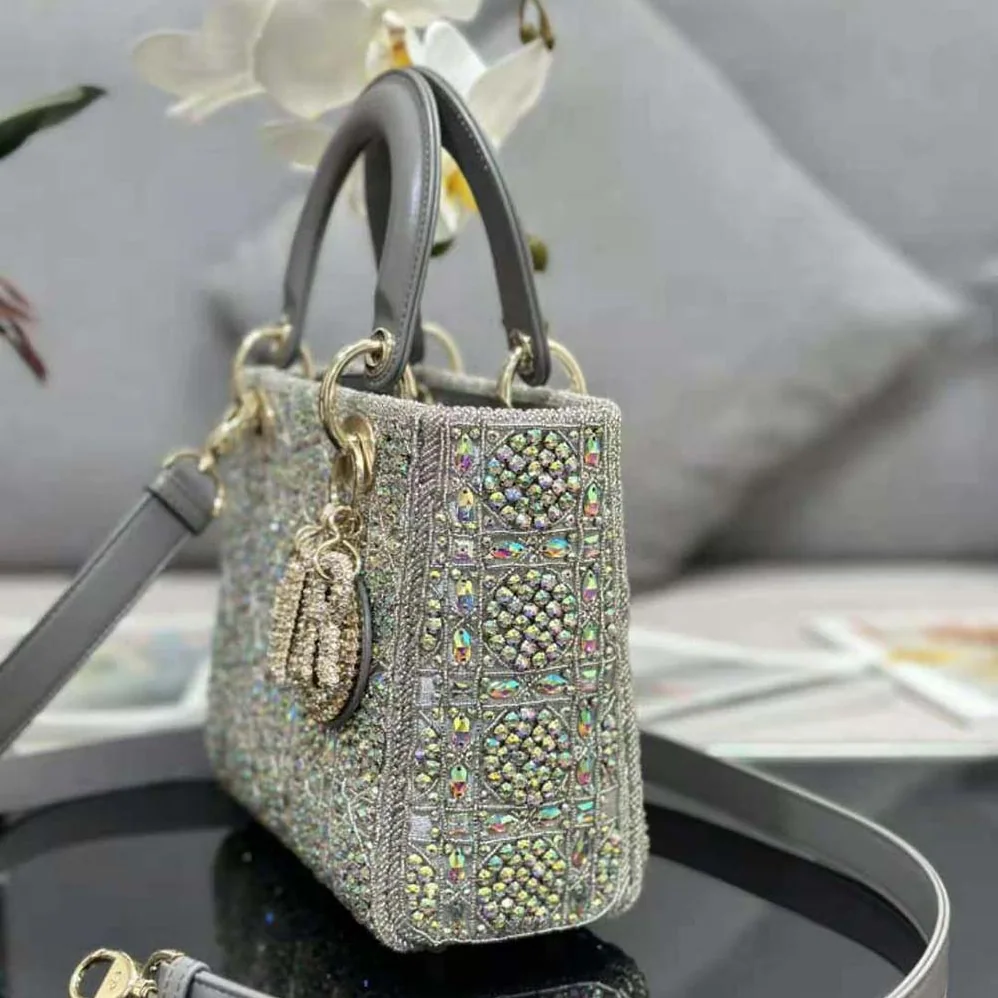Dior Small Lady Dior Bag Gray Smooth Calfskin and Satin with Bead Embroidery for Women
