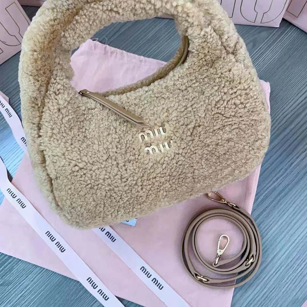 Miu Miu Wander Shearling Hobo Bag with Leather Details for Women in Sandy