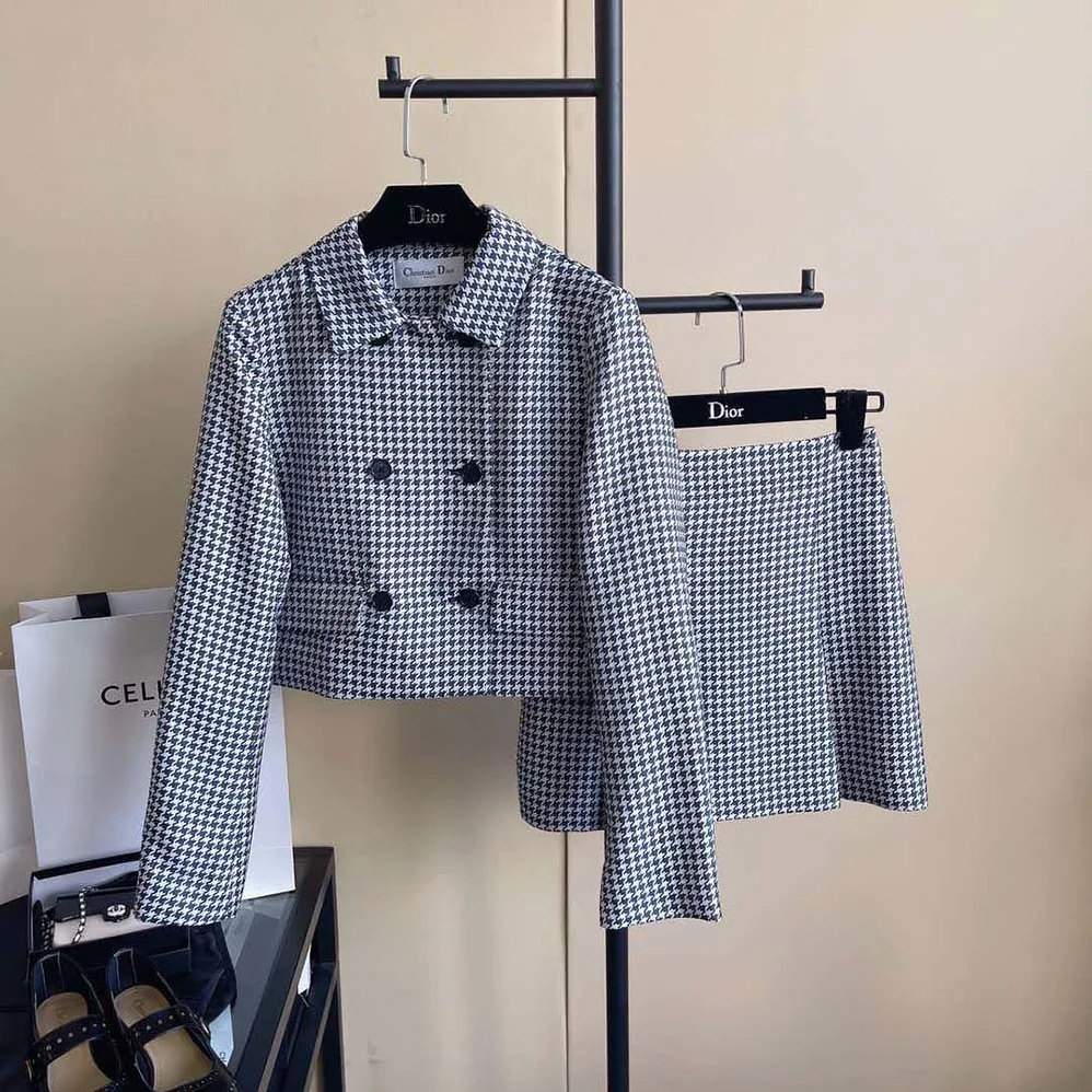 Dior Cropped Jacket Navy Blue Technical Cotton Jacquard with Micro Houndstooth Motif for Women